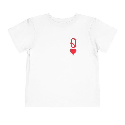 Young girl wearing a white t-shirt with a red queen of hearts logo on a white background