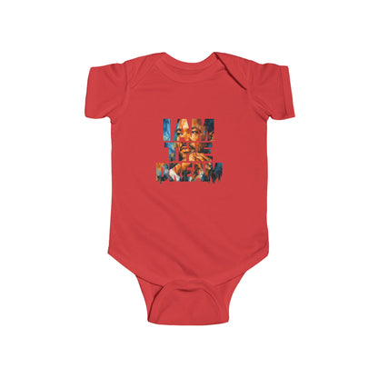 Red baby onesie with colorful graphic design on a white background
