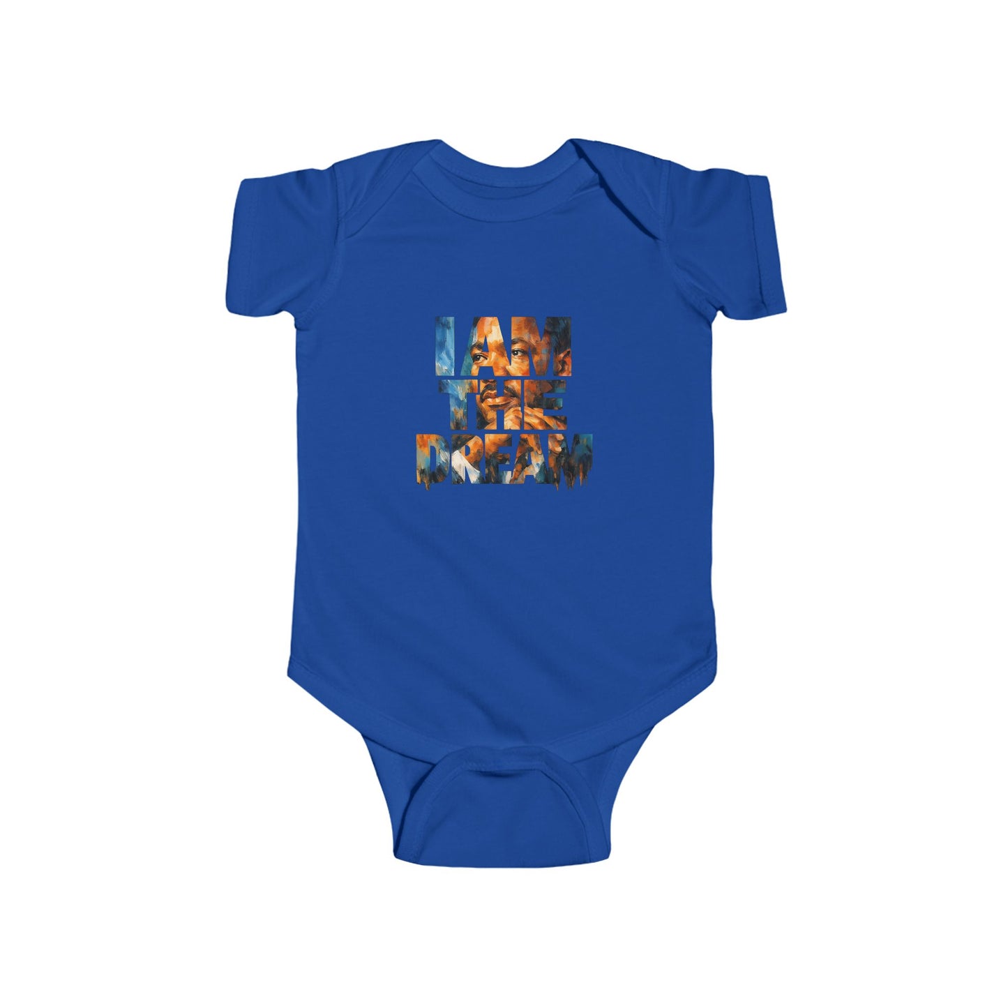 Blue baby onesie with colorful text design on a white background