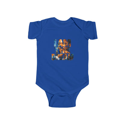 Blue baby onesie with colorful text design on a white background