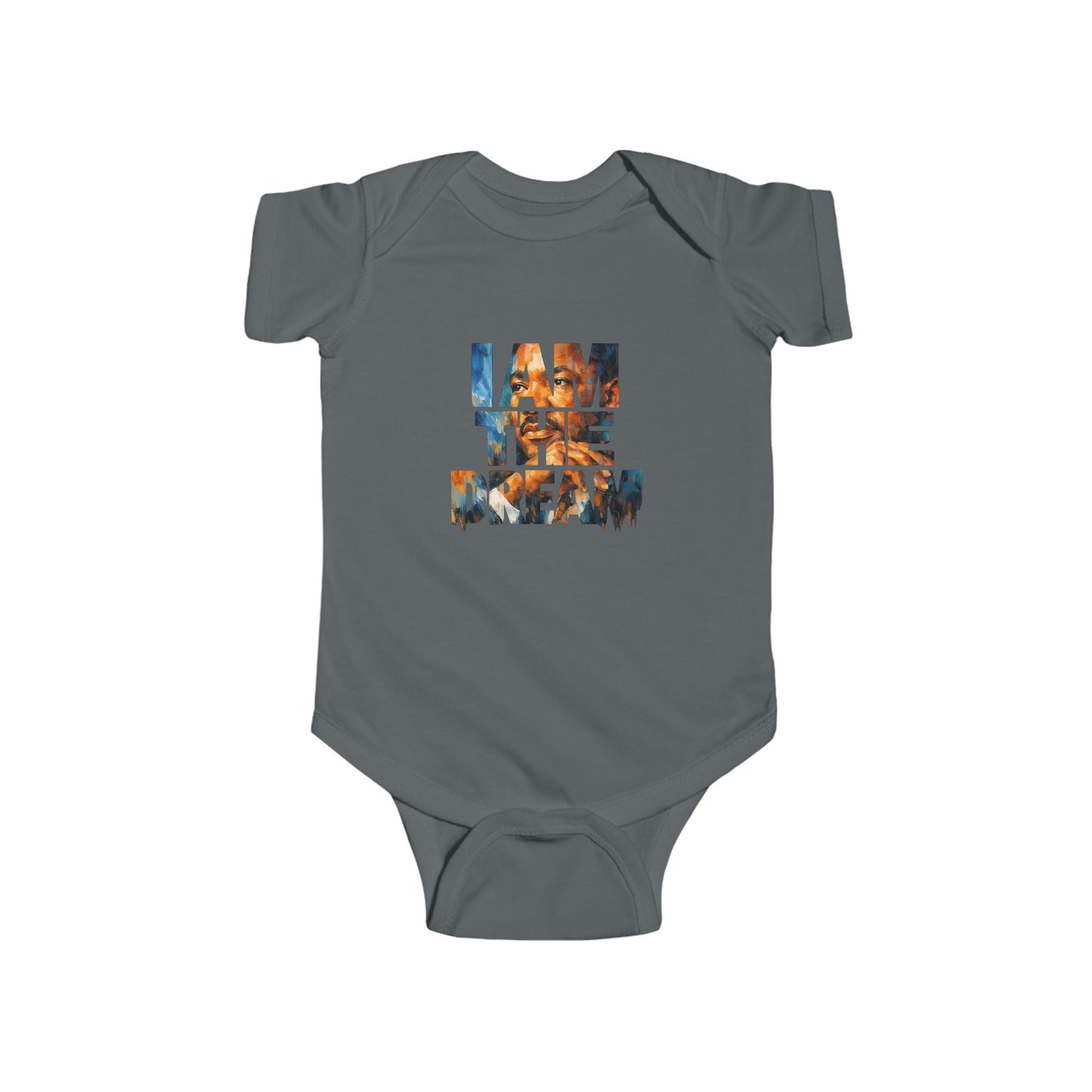Gray baby onesie with a colorful graphic on a white background