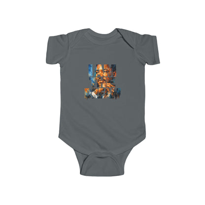 Gray baby onesie with a colorful graphic on a white background