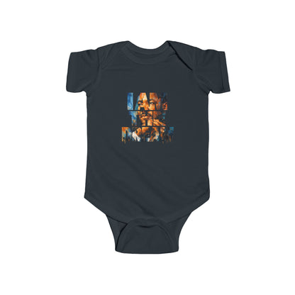 Navy blue baby onesie with colorful text design on a white background