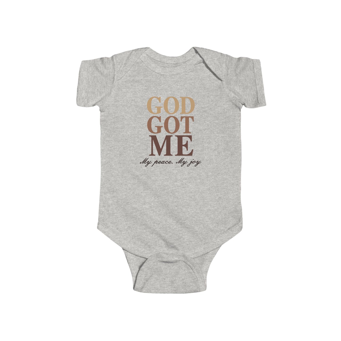 Gray baby onesie with 'God Got Me' text on a white background