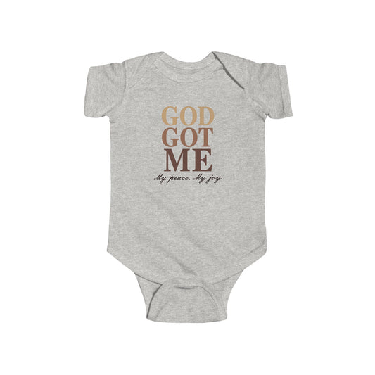 Gray baby onesie with 'God Got Me' text on a white background