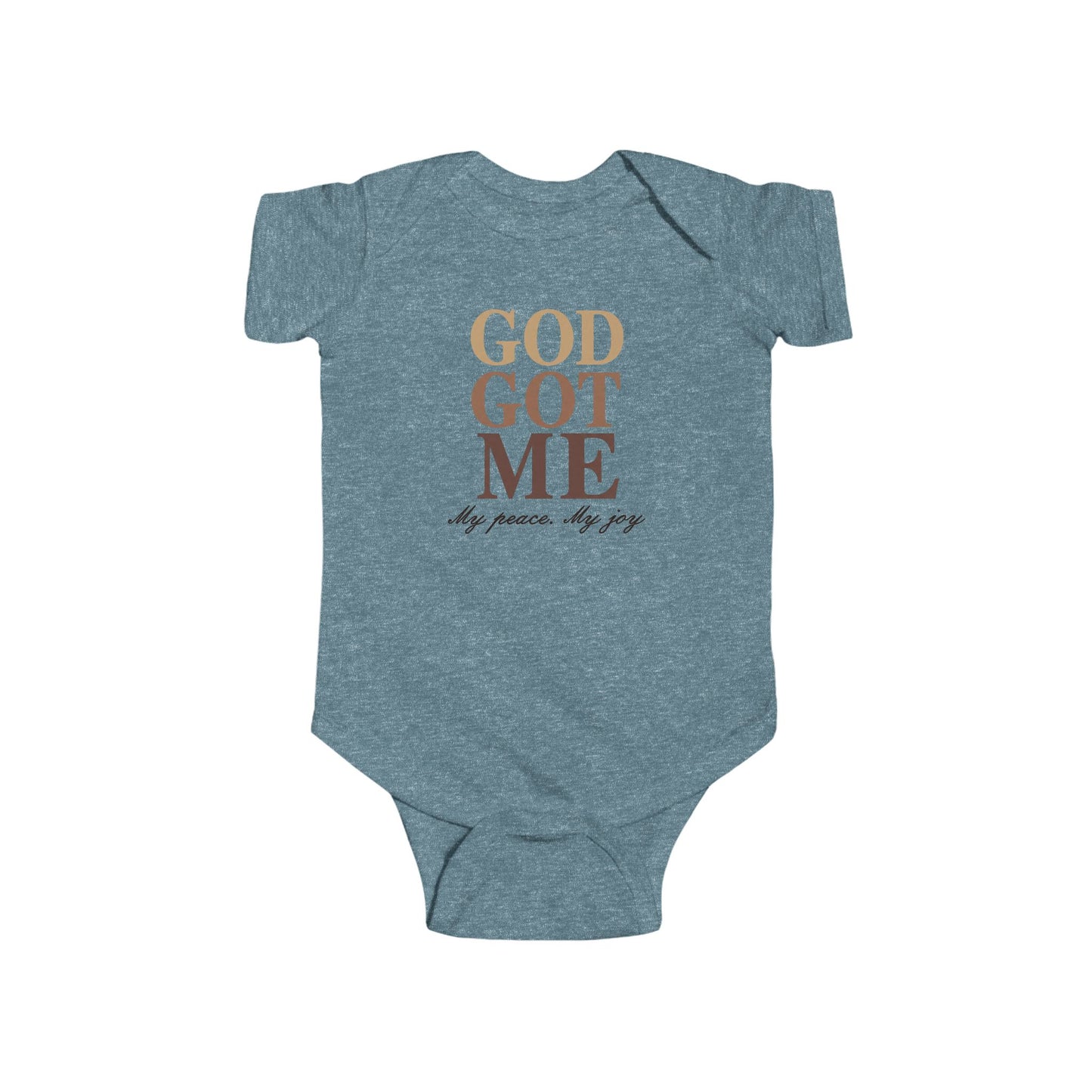 Gray baby onesie with text and heart design on a white background