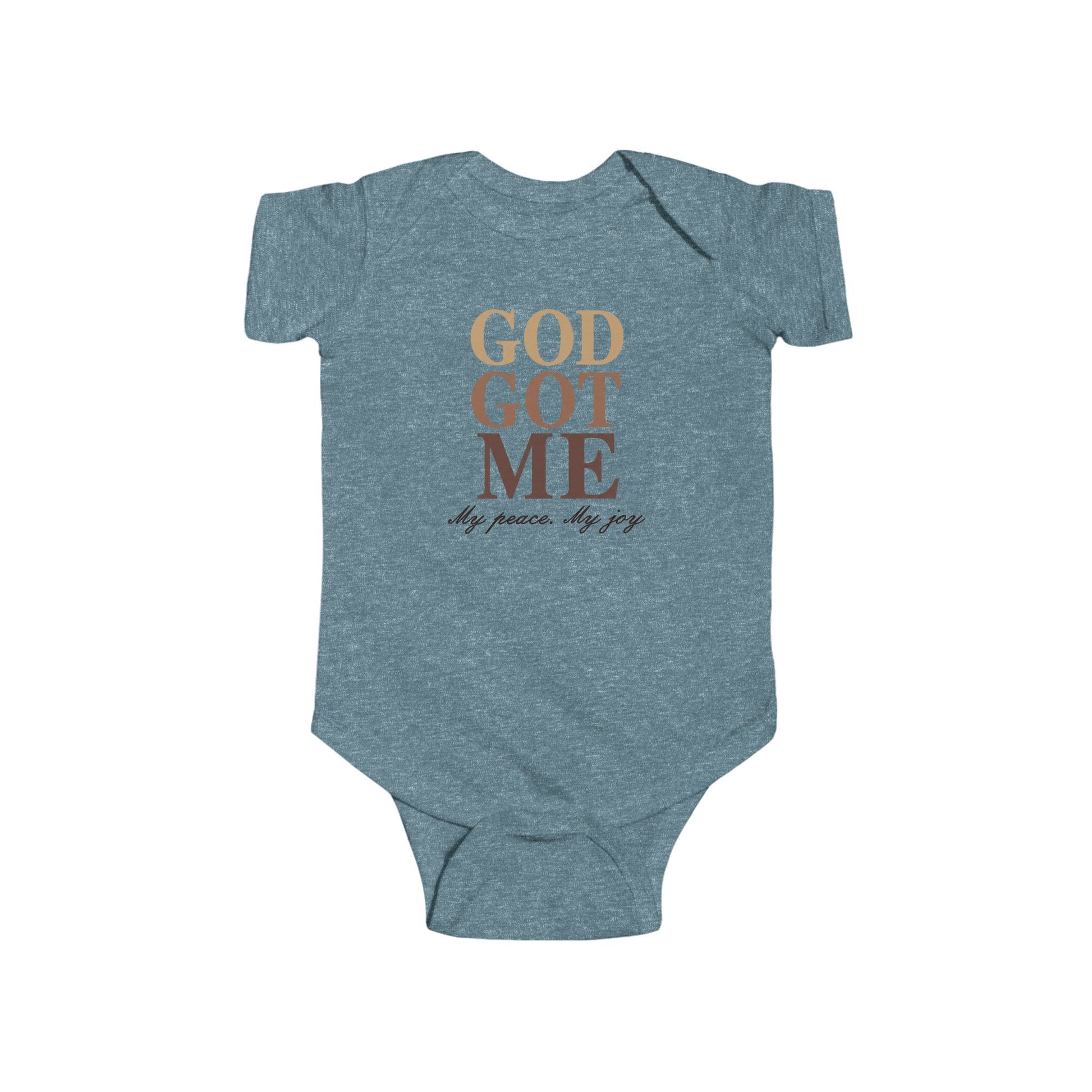Gray baby onesie with text and heart design on a white background