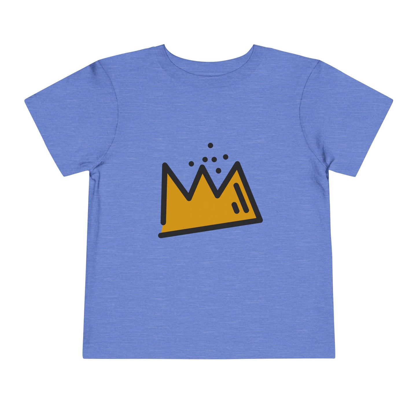 Blue t-shirt with a yellow crown graphic on a white background