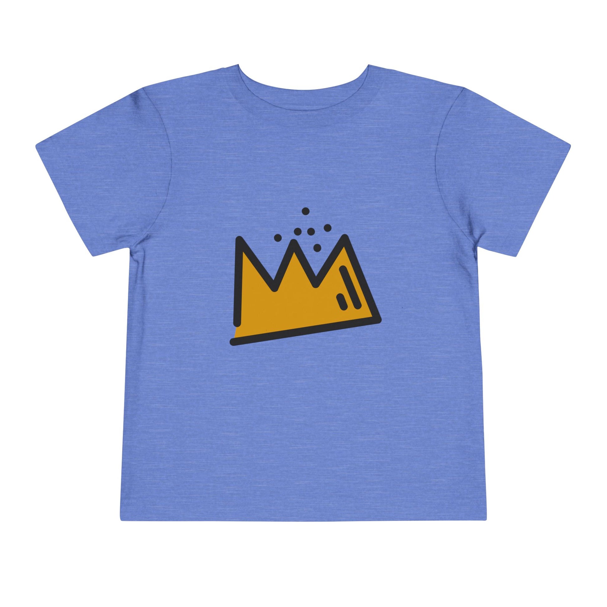 Blue t-shirt with a yellow crown graphic on a white background