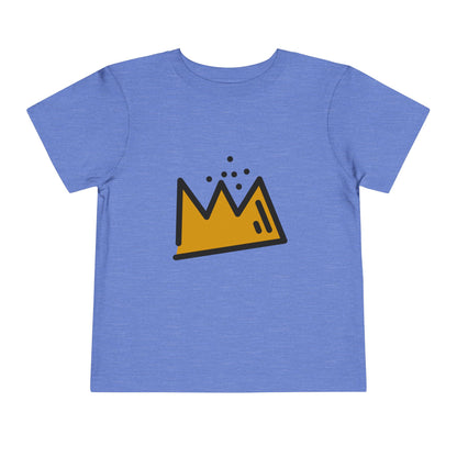 Blue t-shirt with a yellow crown graphic on a white background