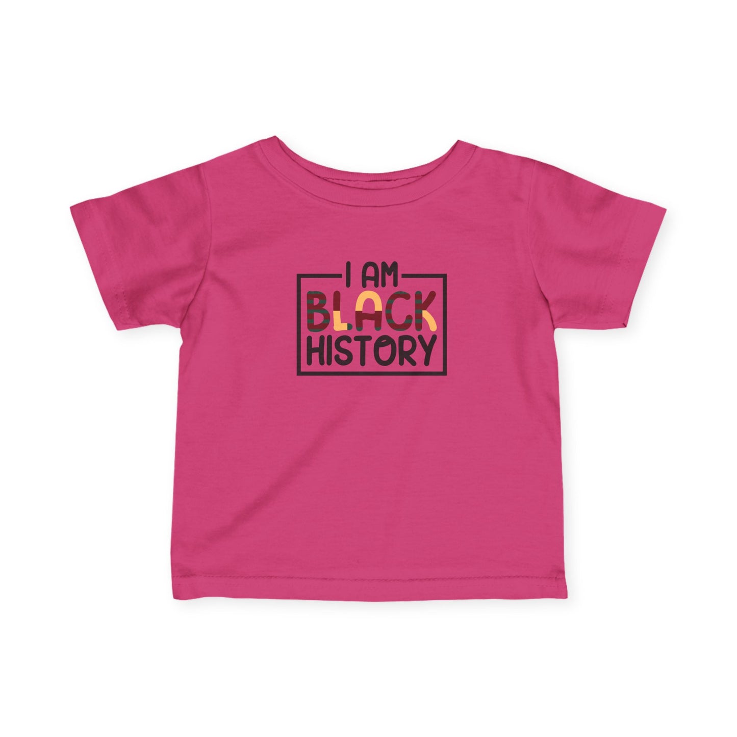 Pink t-shirt with 'I AM BLACK HISTORY' text on a white background