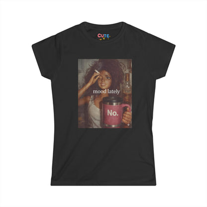 Black t-shirt with a graphic design of a woman holding a mug labeled 'No.' and text 'mood lately' on a white background.