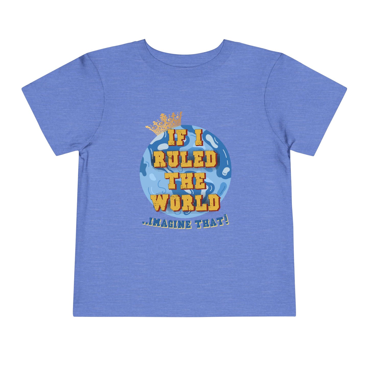 Blue t-shirt with a graphic design and text on a white background