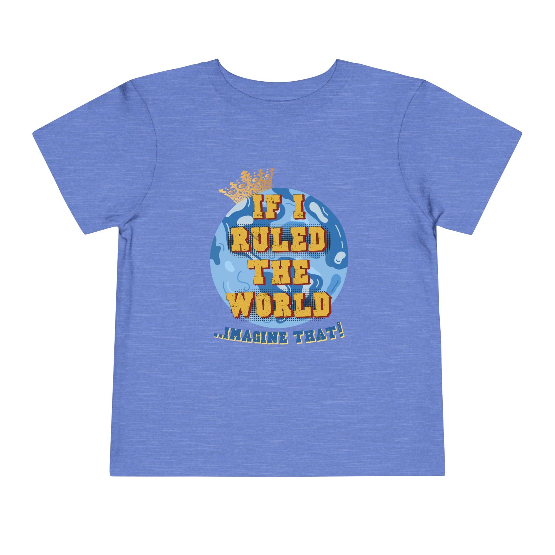 Blue t-shirt with a graphic design and text on a white background