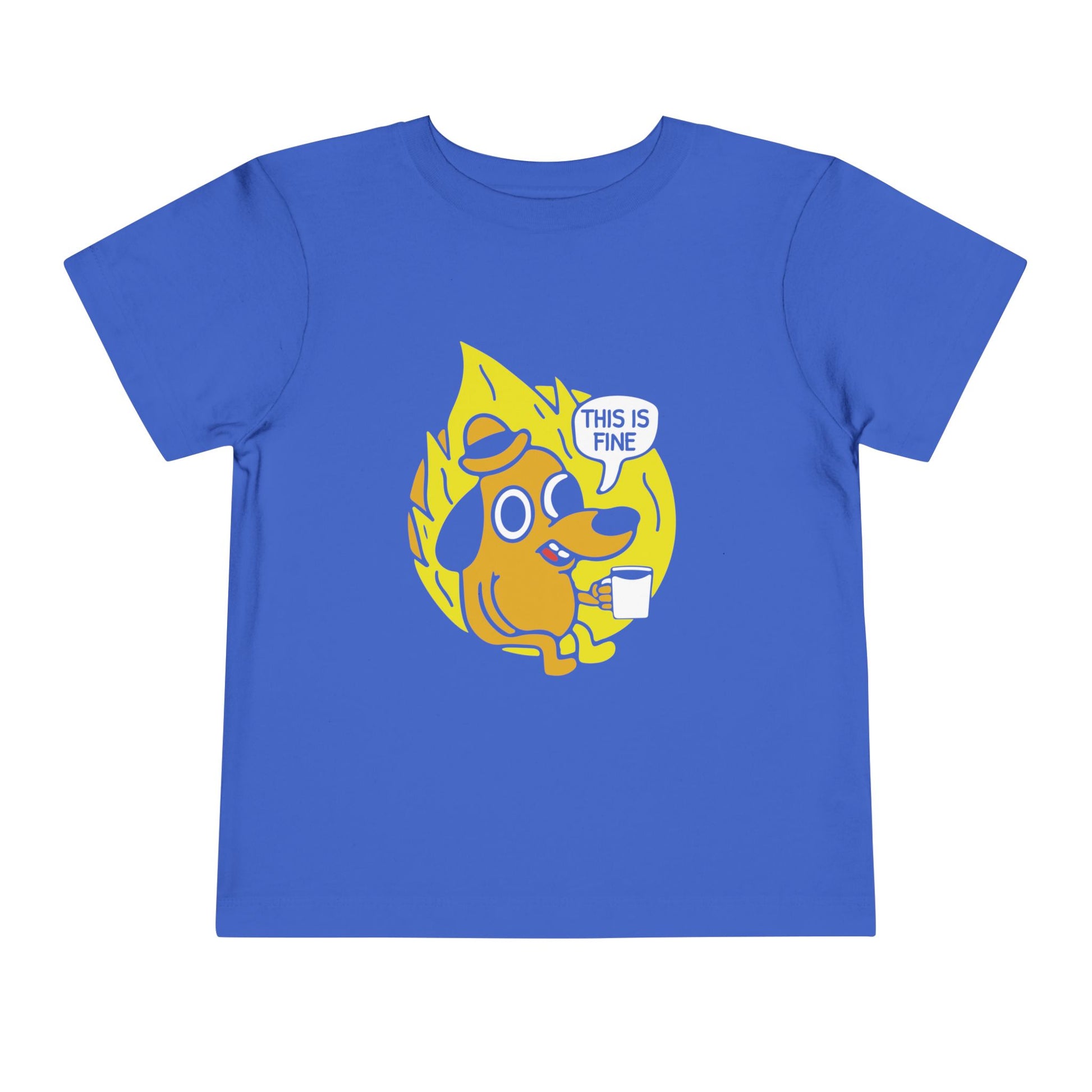Blue t-shirt with a yellow dog graphic and 'This is fine' text on a white background