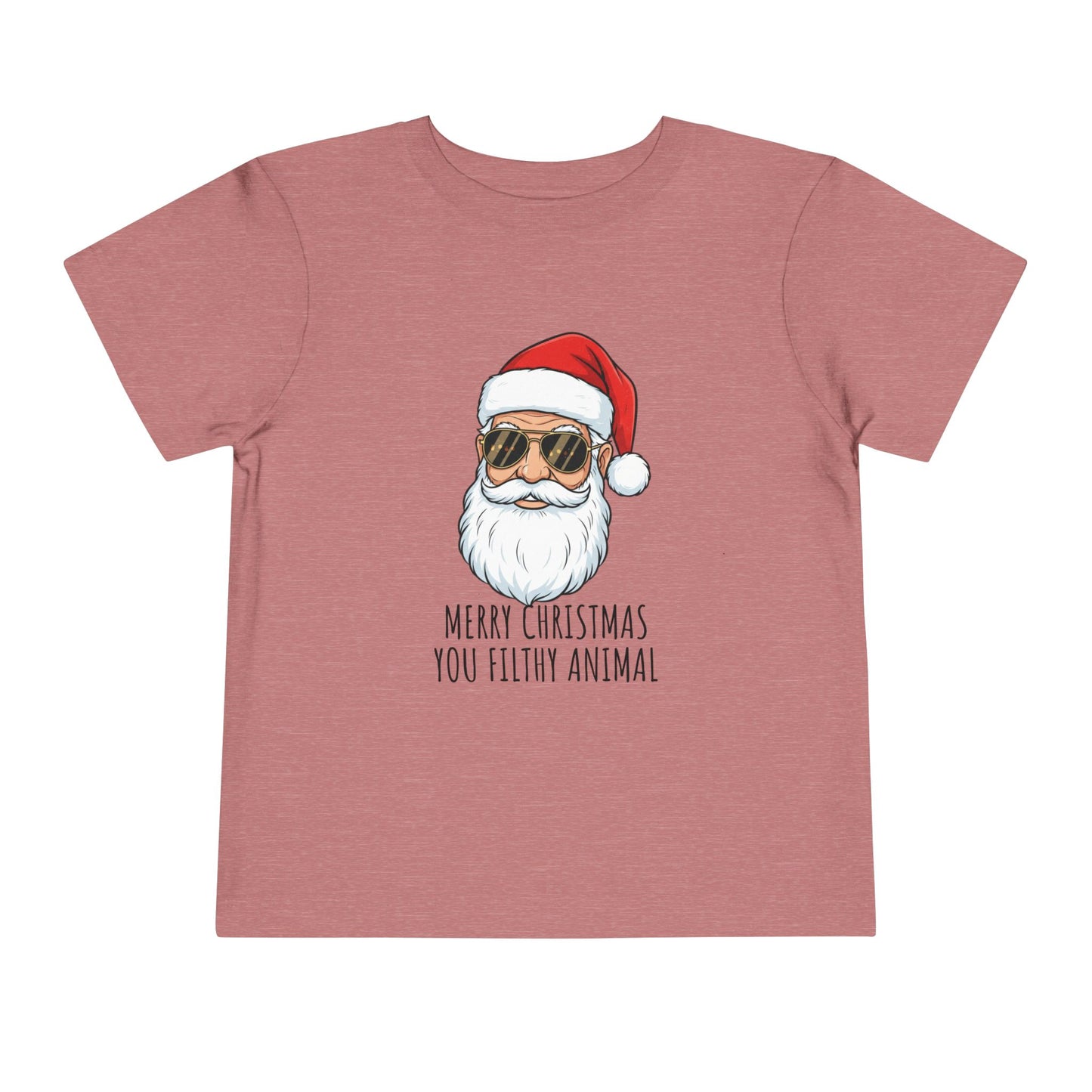 Pink t-shirt with a graphic of Santa Claus wearing sunglasses and a text 'Merry Christmas You Filthy Animal' on a white background.