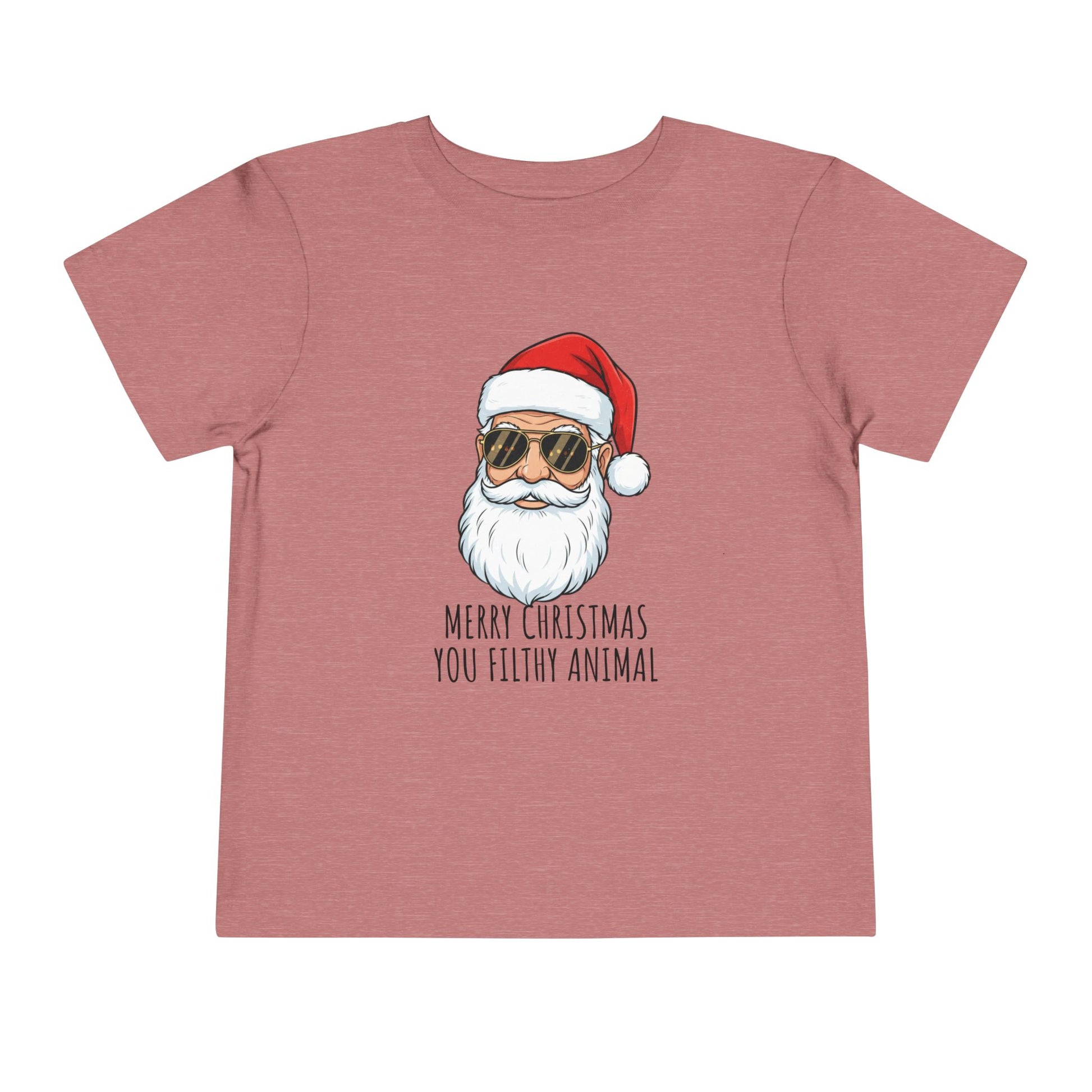 Pink t-shirt with a graphic of Santa Claus wearing sunglasses and a text 'Merry Christmas You Filthy Animal' on a white background.