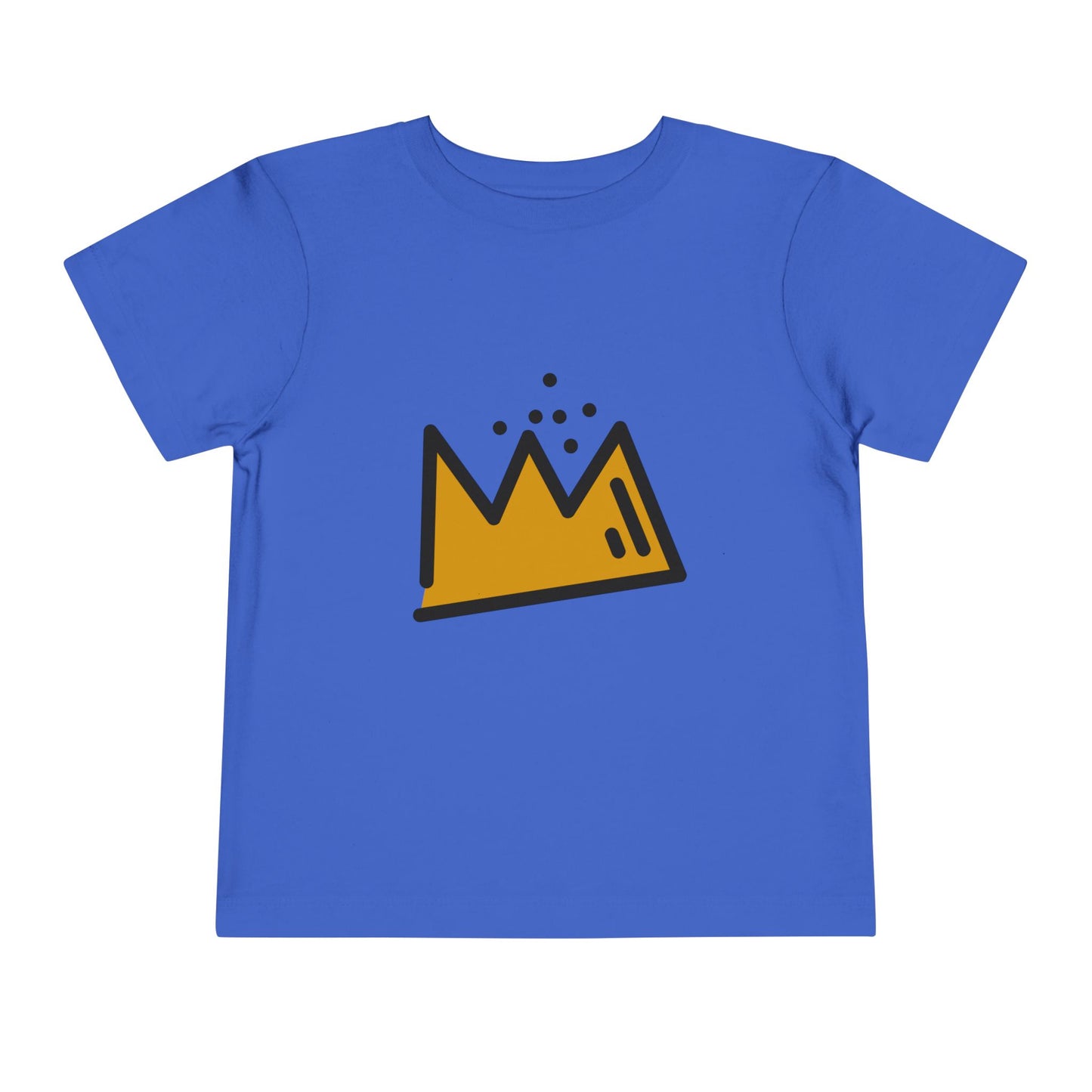 Blue t-shirt with a yellow crown graphic on a white background