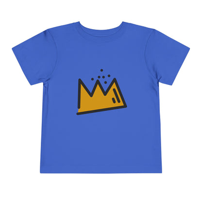 Blue t-shirt with a yellow crown graphic on a white background