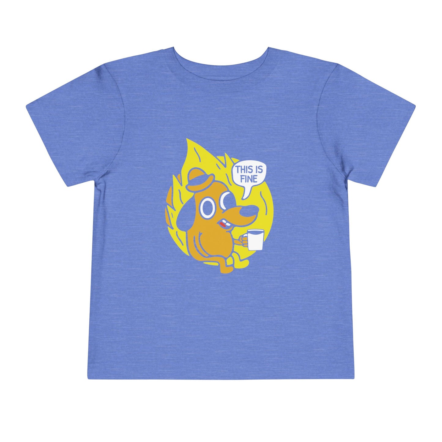 Blue t-shirt with a cartoon dog graphic and 'This is fine' text on a white background