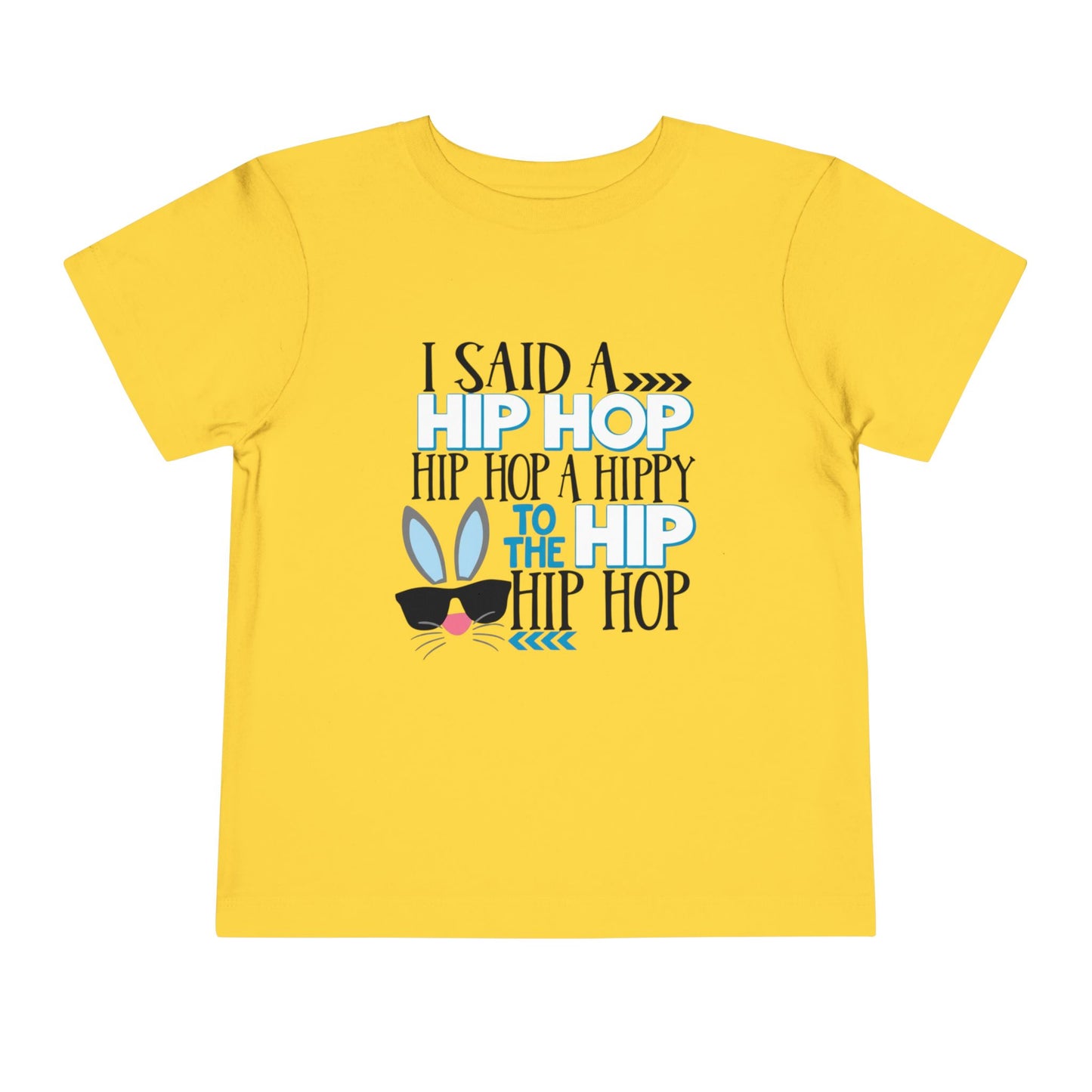 Yellow t-shirt with colorful text and graphic on a white background