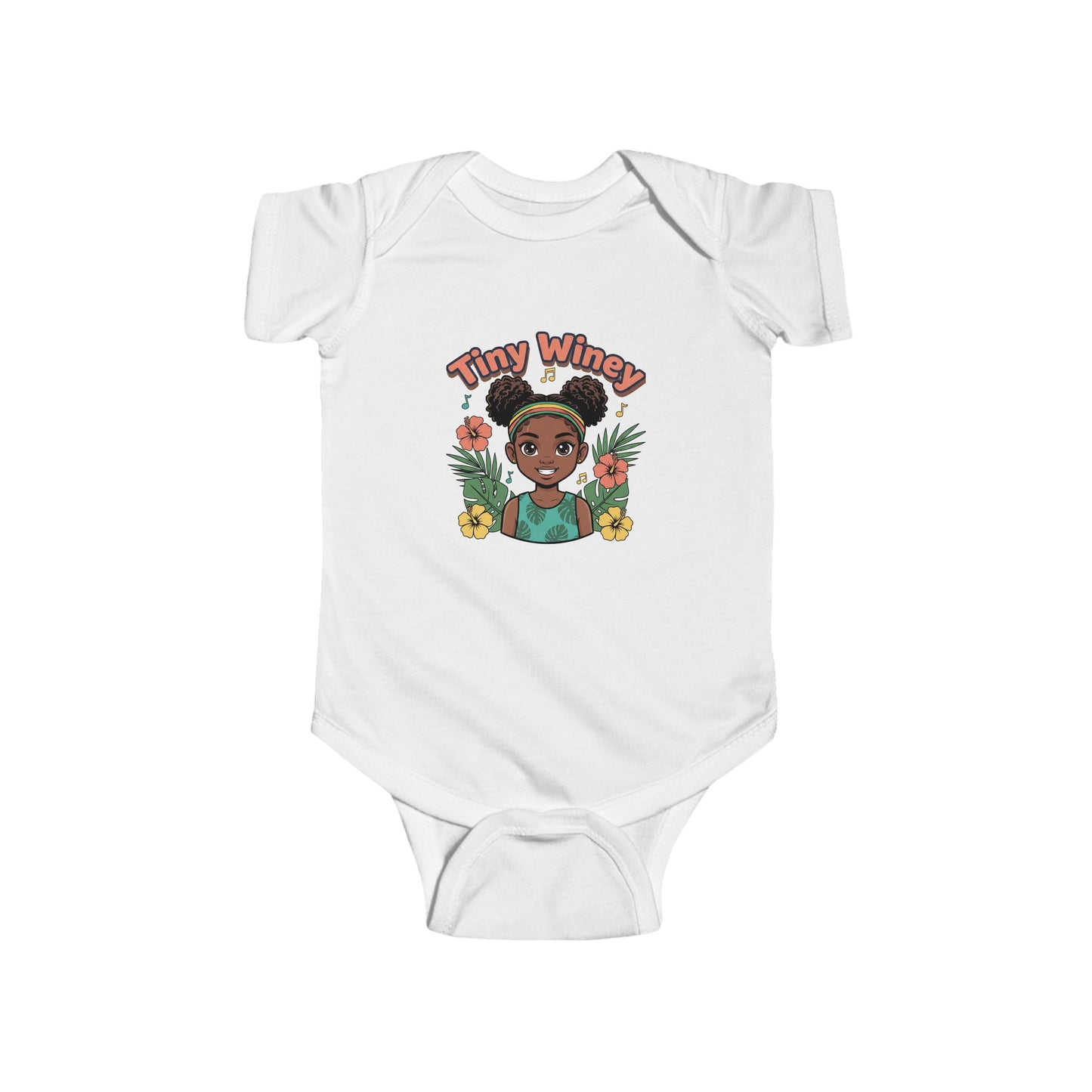 White baby onesie with a graphic of a girl and 'Tiny Wincy' text on a white background