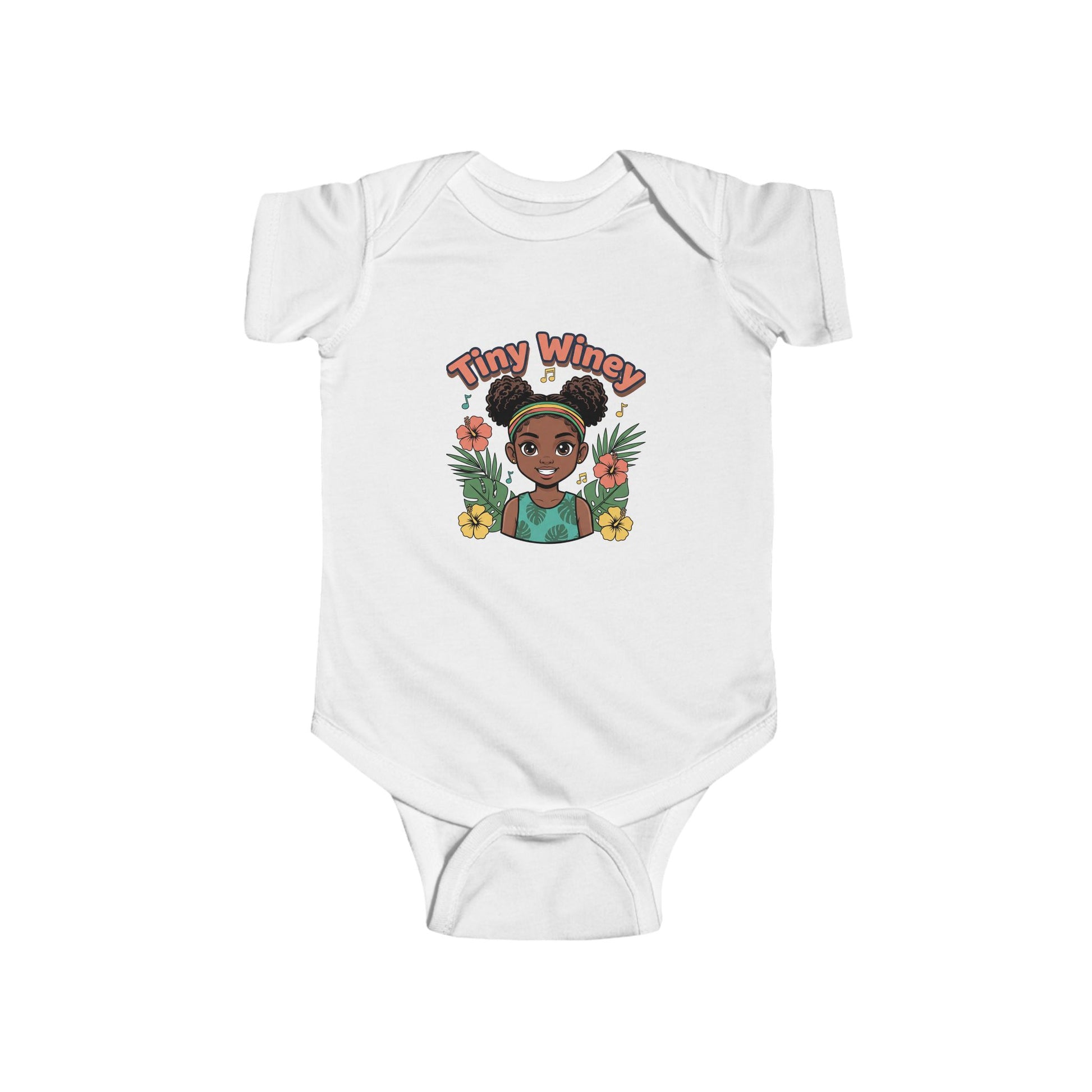 White baby onesie with a graphic of a girl and 'Tiny Wincy' text on a white background