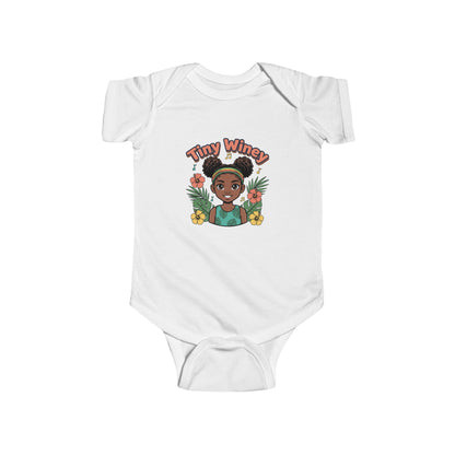 White baby onesie with a graphic of a girl and 'Tiny Wincy' text on a white background