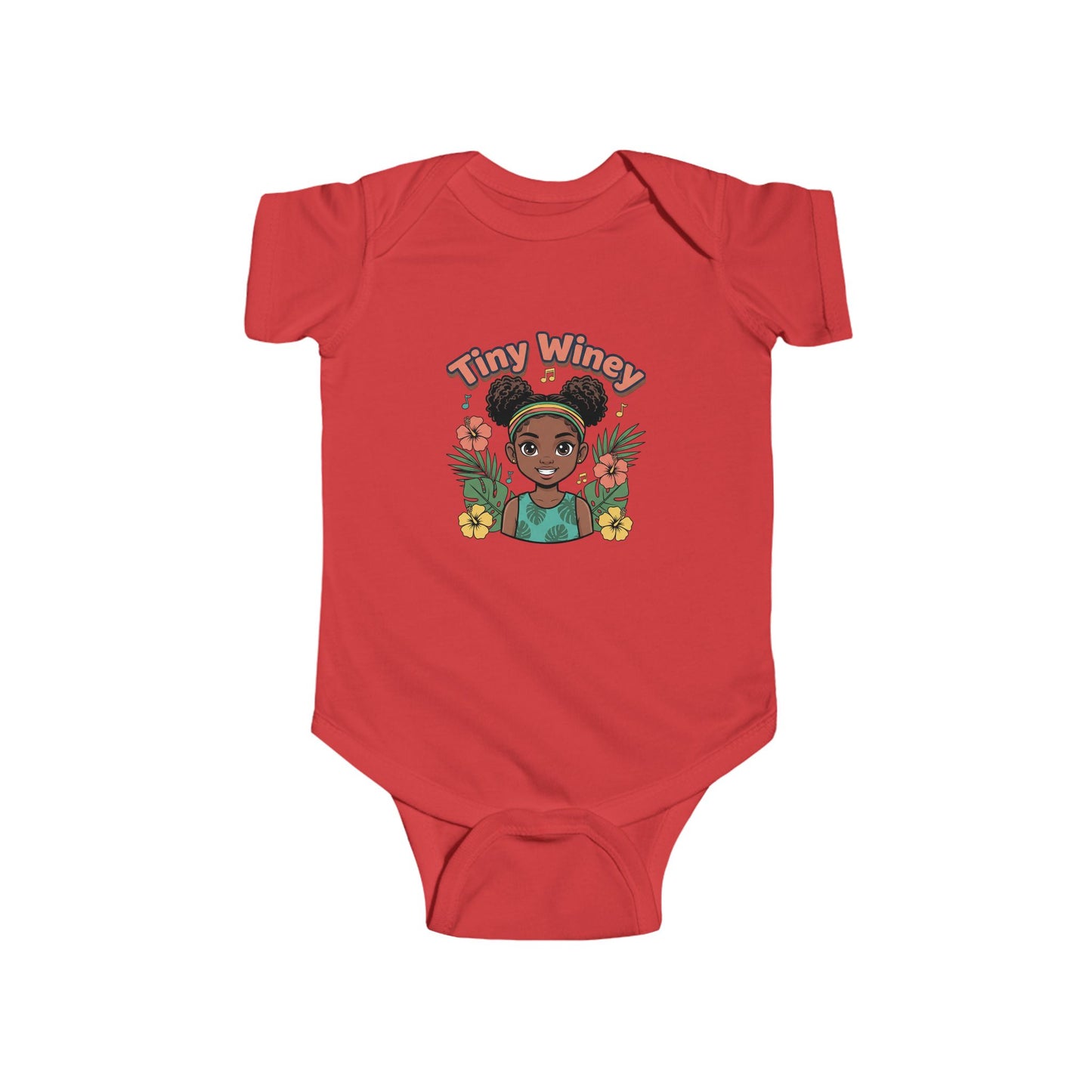 Red baby onesie with a graphic of a woman and 'Tiny Winey' text on a white background