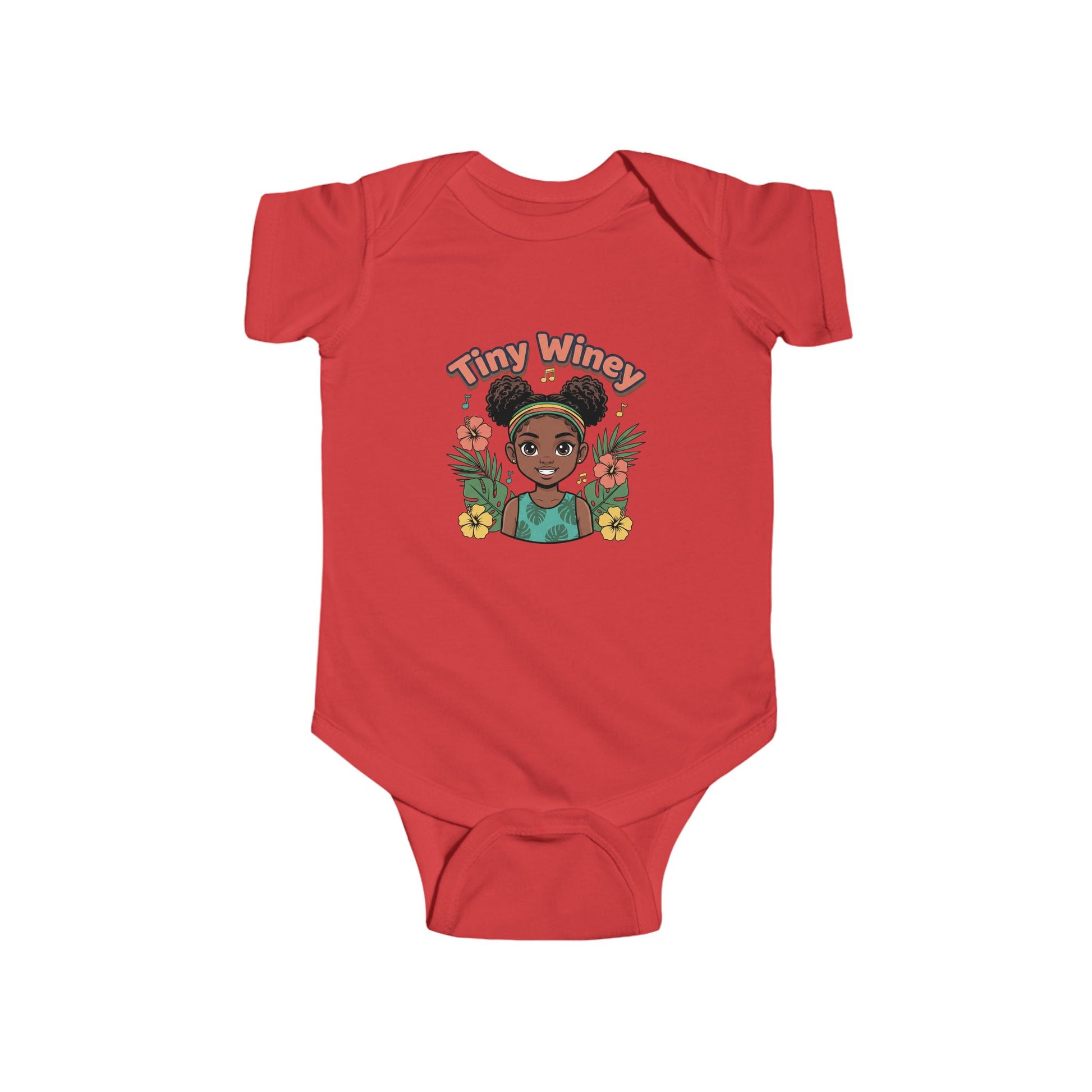 Red baby onesie with a graphic of a woman and 'Tiny Winey' text on a white background