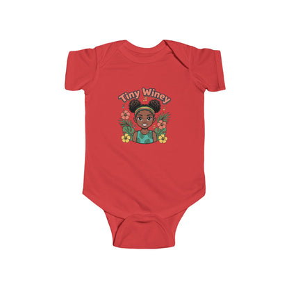 Red baby onesie with a graphic of a woman and 'Tiny Winey' text on a white background