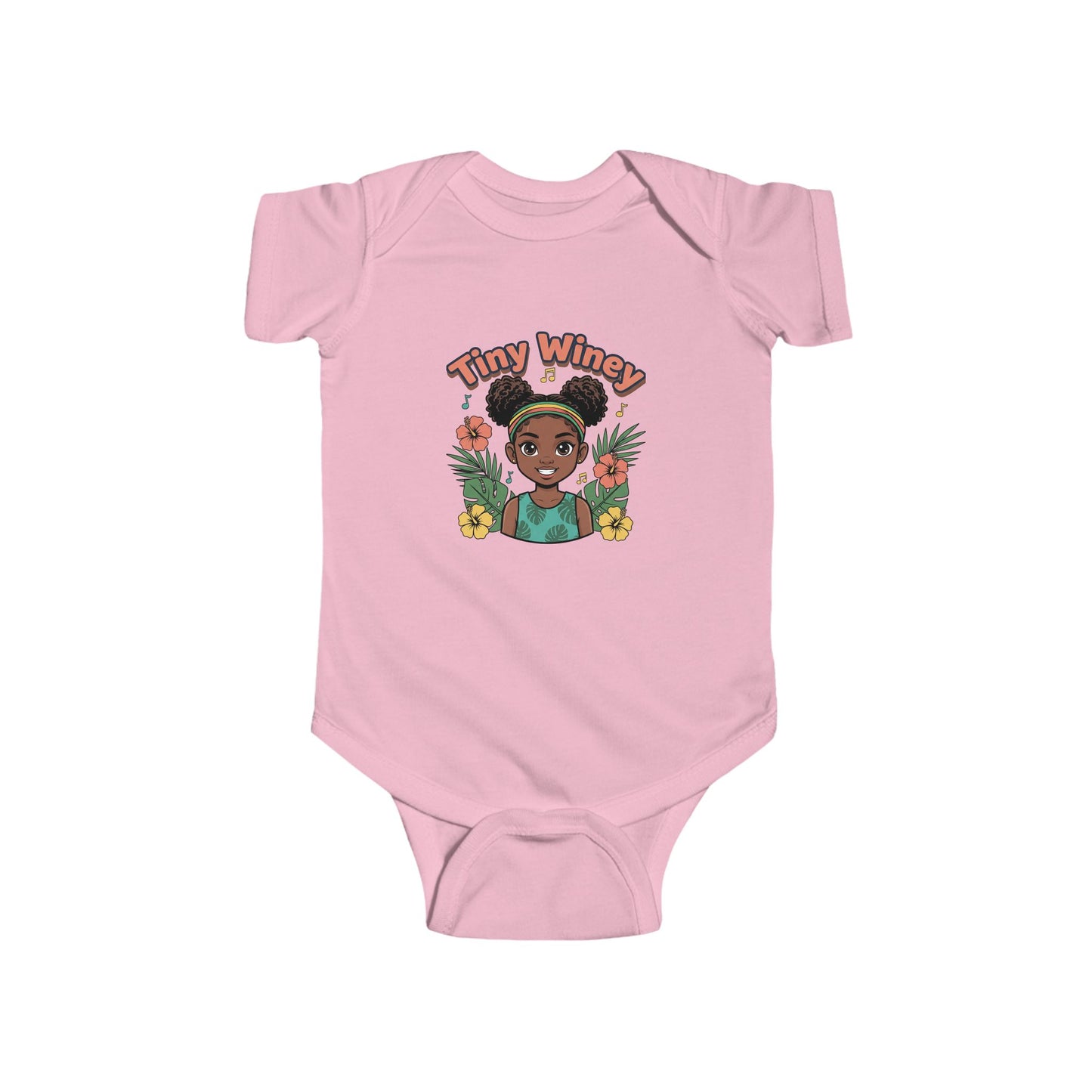 Pink baby onesie with a graphic of a girl and 'Tiny Wincy' text on a white background