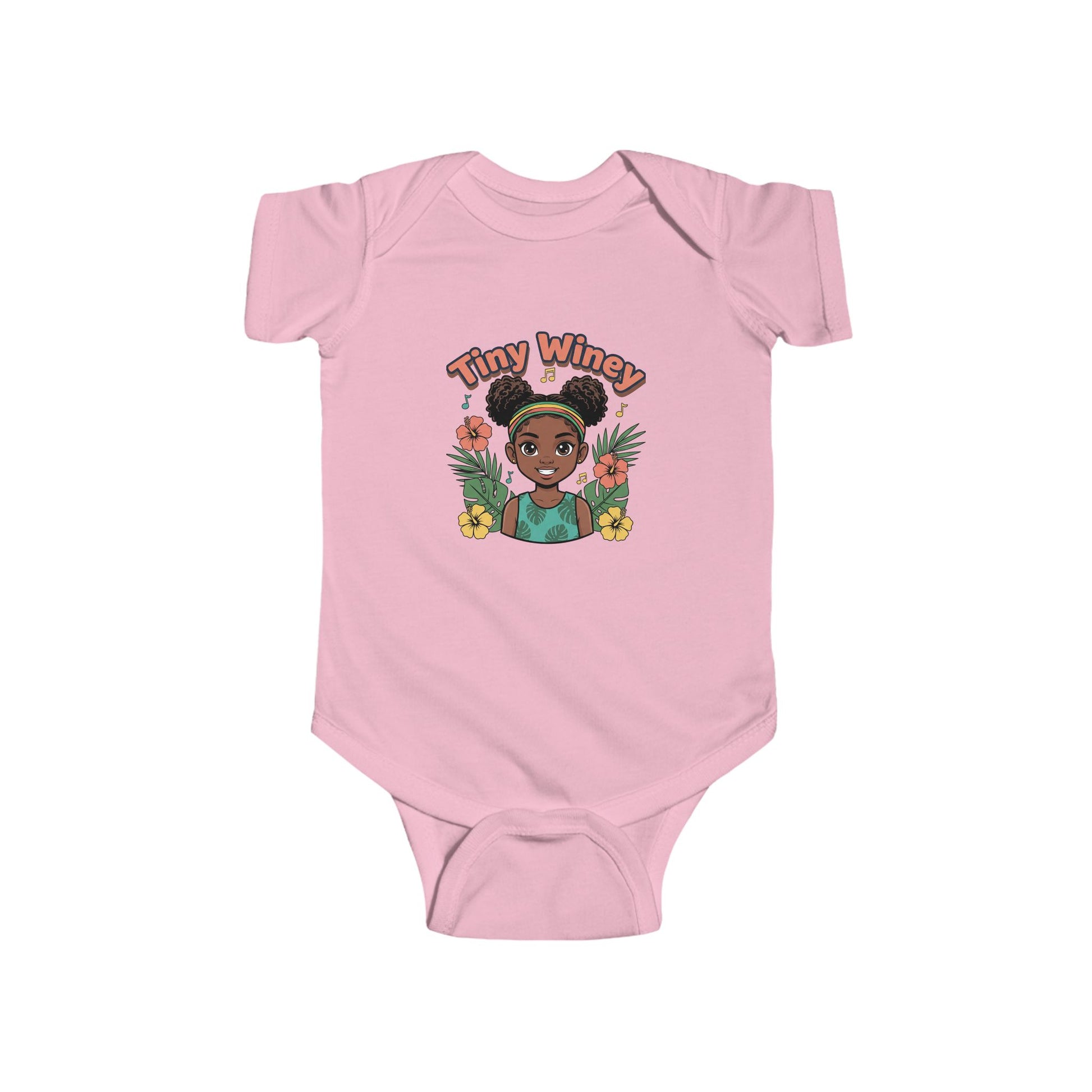 Pink baby onesie with a graphic of a girl and 'Tiny Wincy' text on a white background