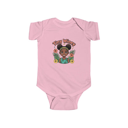 Pink baby onesie with a graphic of a girl and 'Tiny Wincy' text on a white background