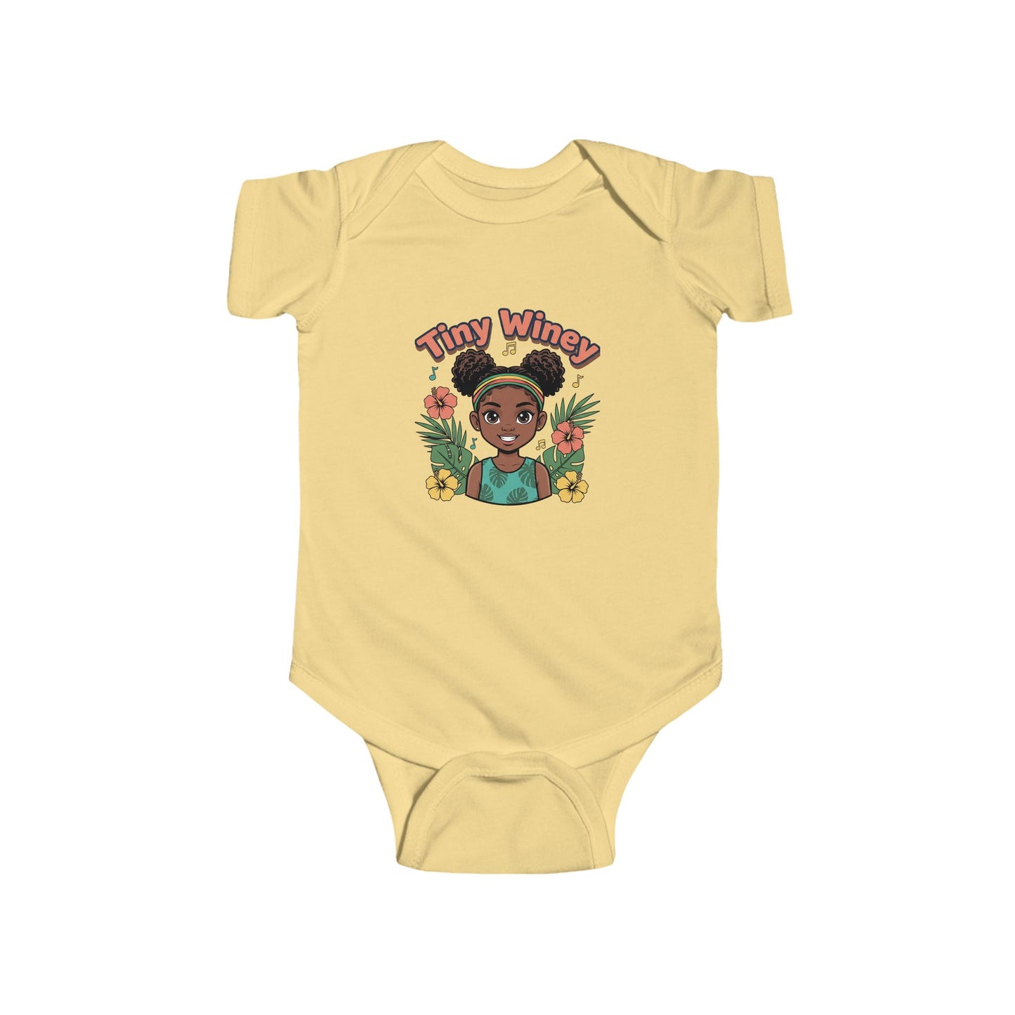 Yellow baby onesie with a graphic of a girl and 'Tiny Wincy' text on a white background
