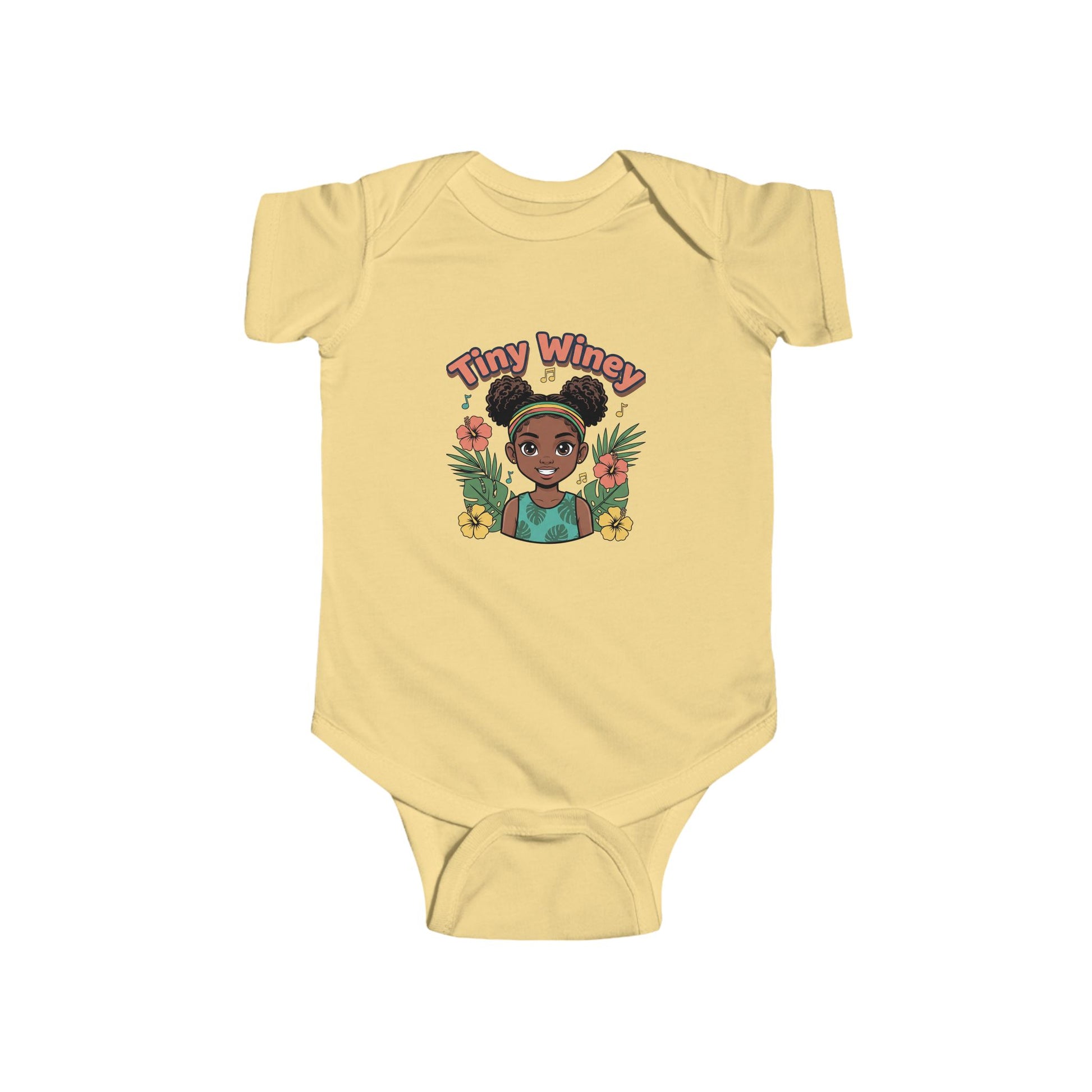 Yellow baby onesie with a graphic of a girl and 'Tiny Wincy' text on a white background