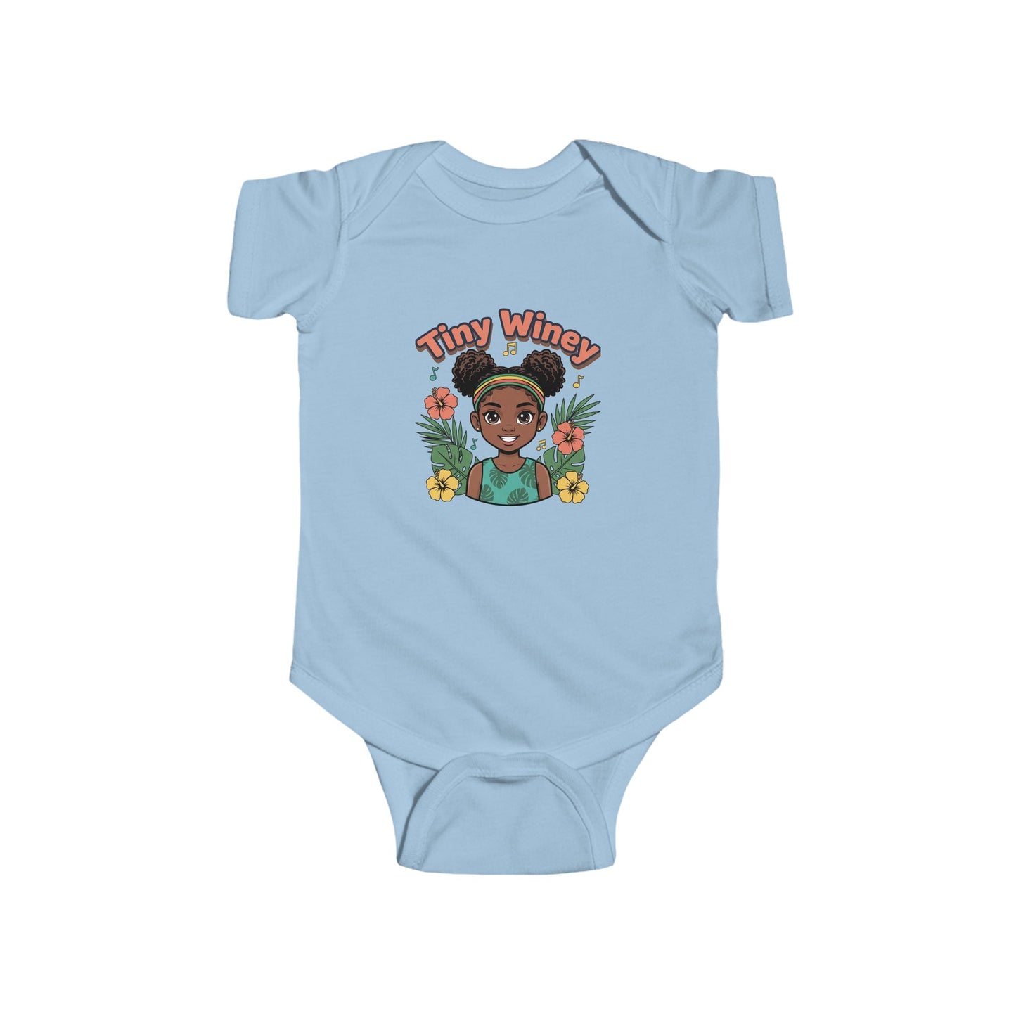 Light blue baby onesie with a graphic of a girl and 'Tiny Winey' text on a white background