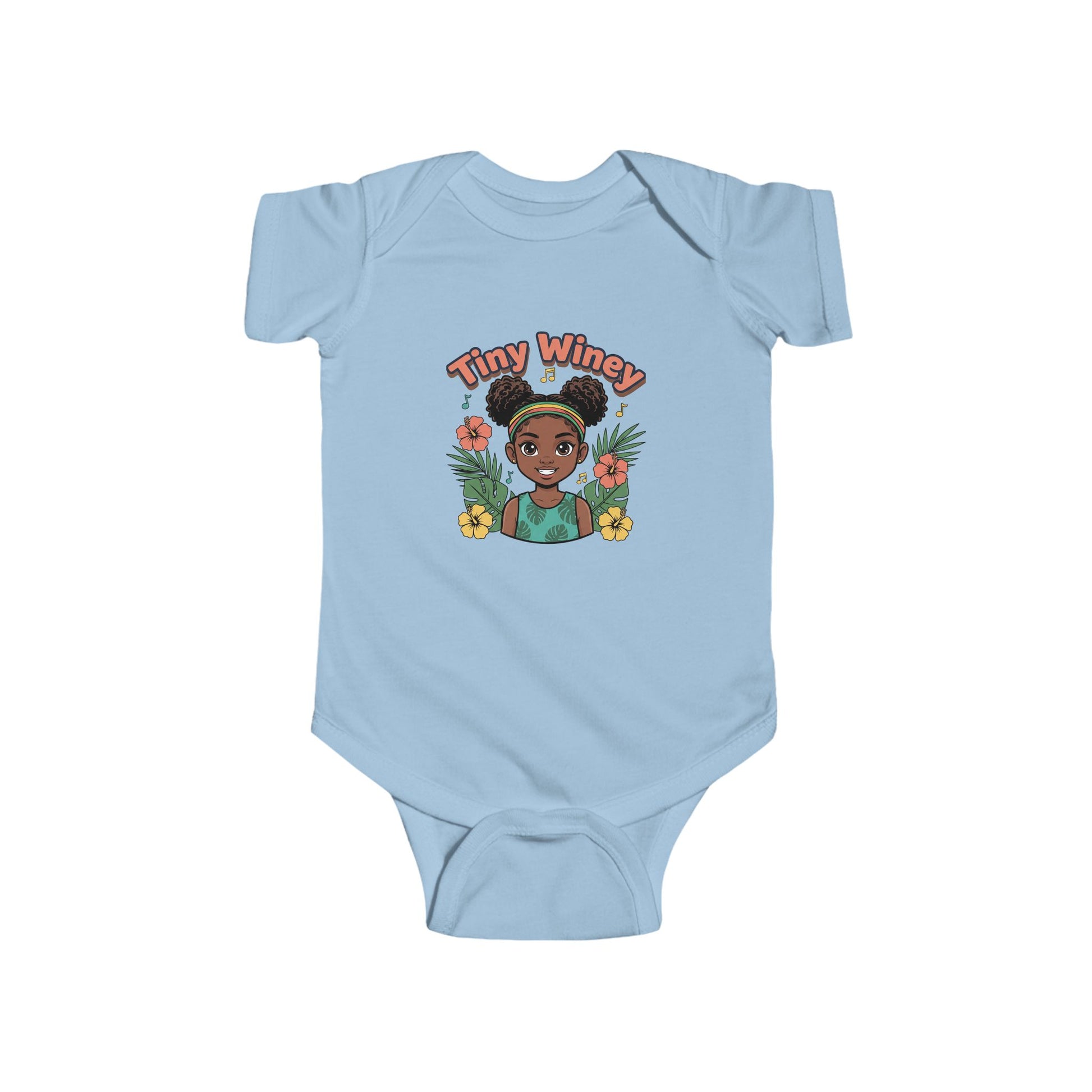 Light blue baby onesie with a graphic of a girl and 'Tiny Winey' text on a white background