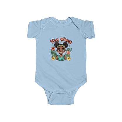 Light blue baby onesie with a graphic of a girl and 'Tiny Winey' text on a white background