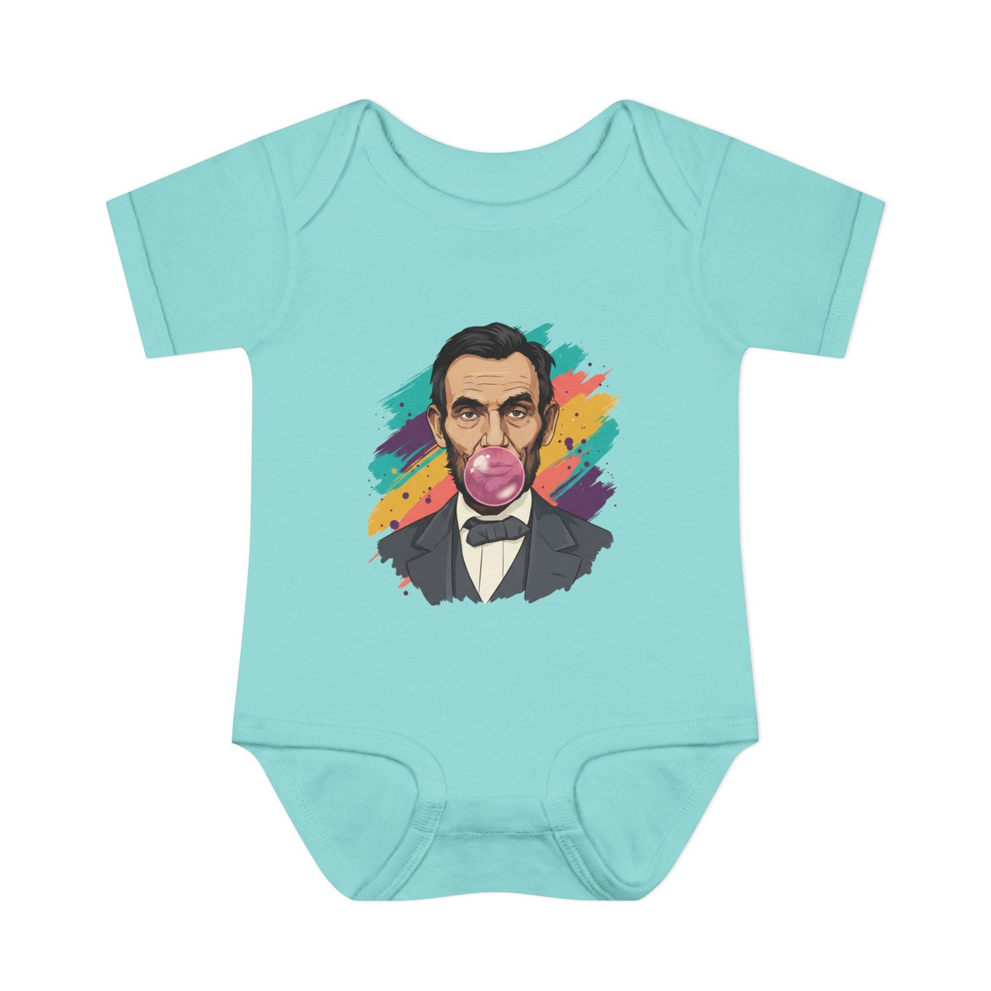 Light blue baby onesie with a colorful graphic of a historical figure on a white background