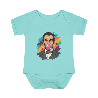Light blue baby onesie with a colorful graphic of a historical figure on a white background