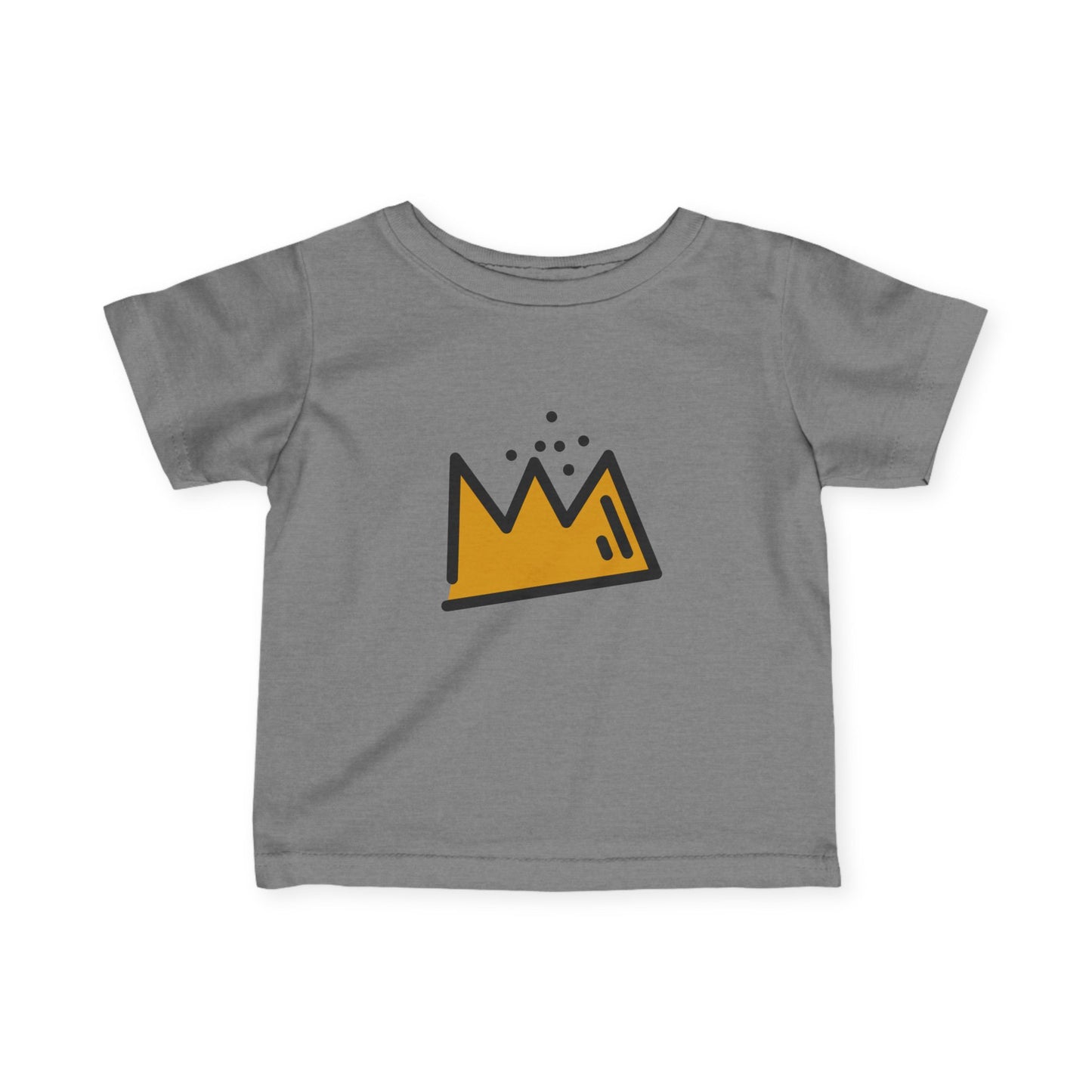 Gray t-shirt with a yellow Basquiat crown graphic on a white background