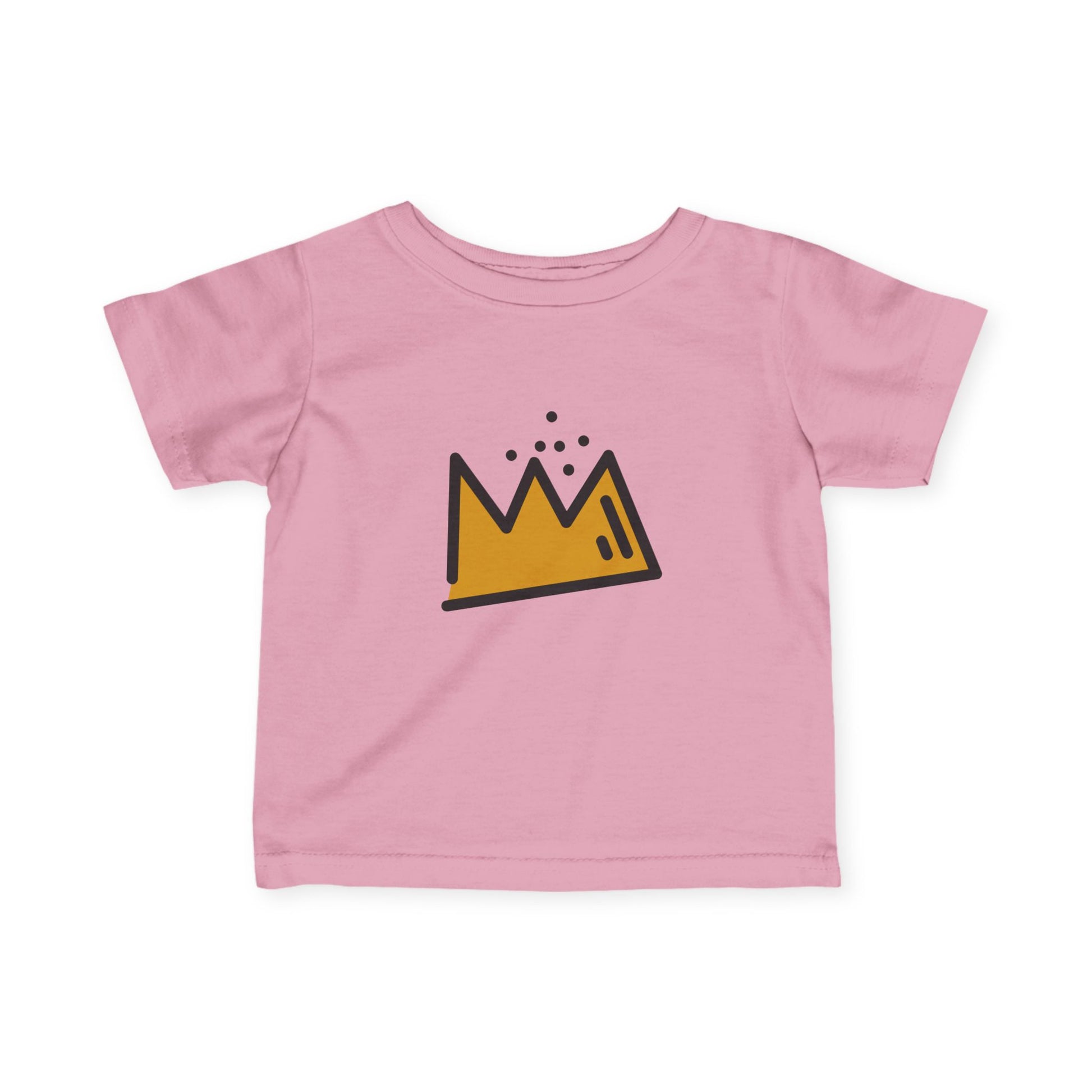 Pink t-shirt with a yellow and black Basquiat crown design on a white background