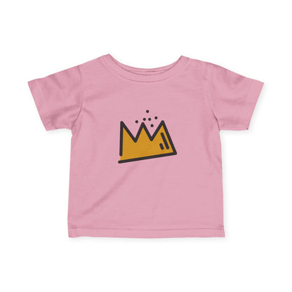 Pink t-shirt with a yellow and black Basquiat crown design on a white background