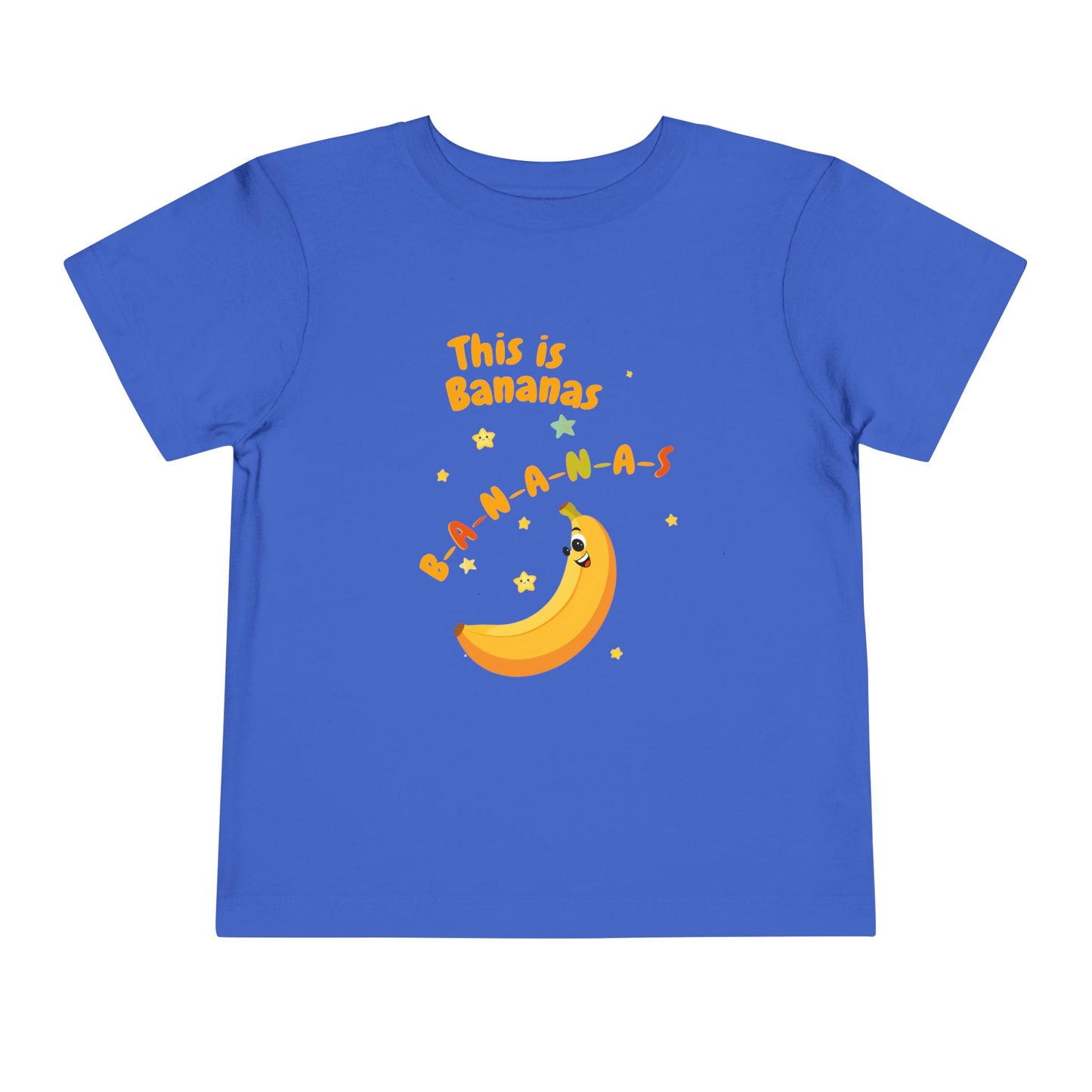 Blue t-shirt with a banana graphic and text on a white background