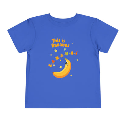 Blue t-shirt with a banana graphic and text on a white background