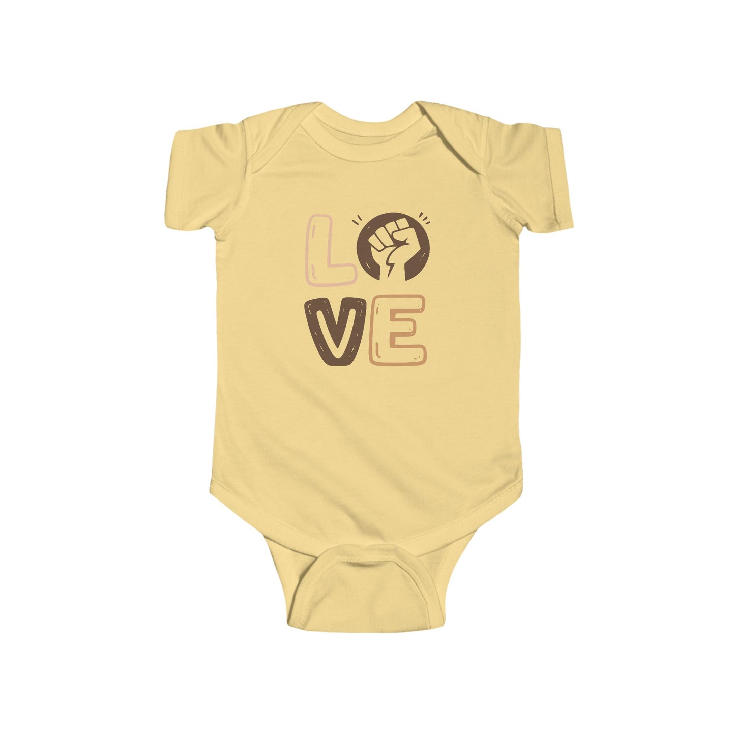 Yellow baby onesie with 'LOVE' and a fist graphic on a white background