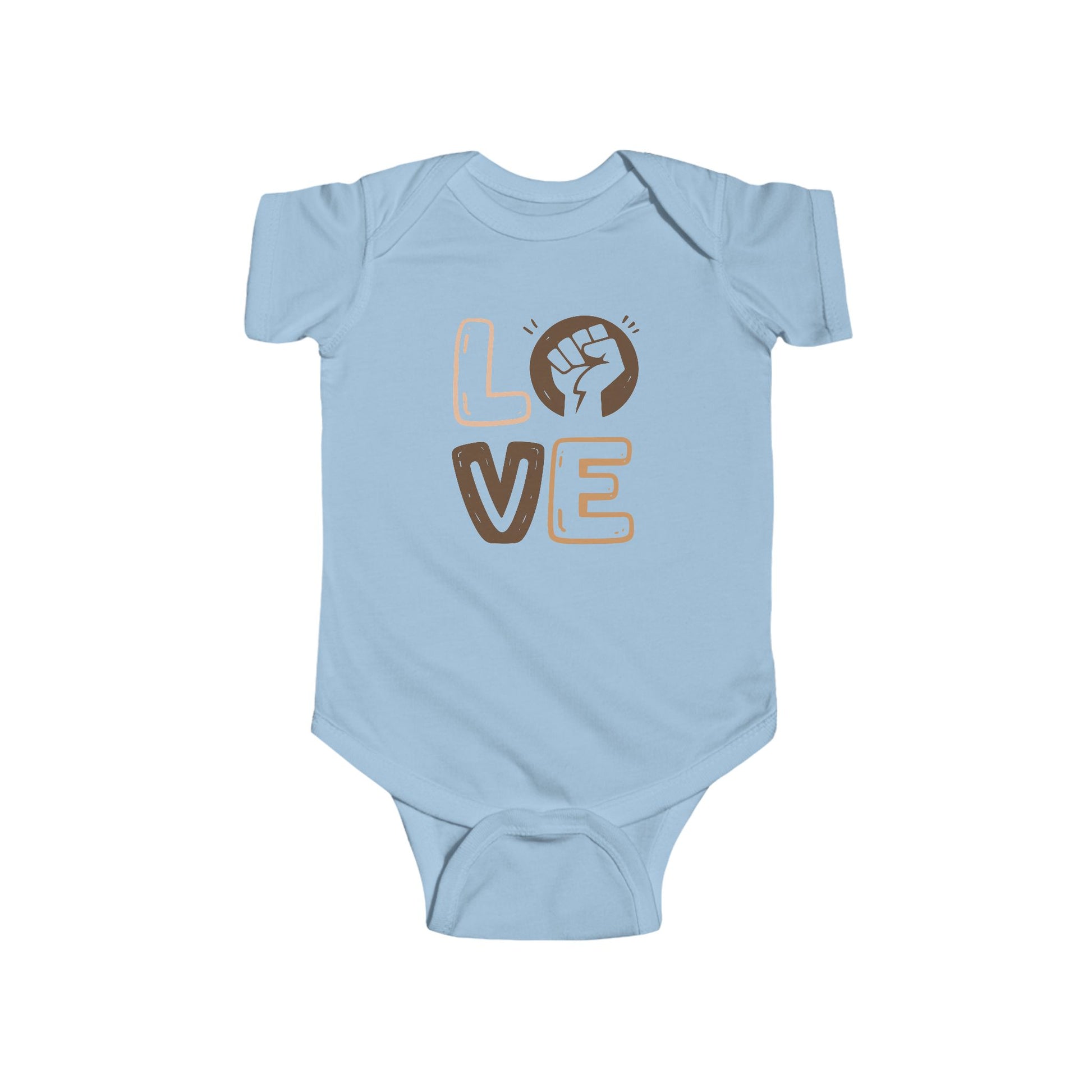 Light blue baby onesie with 'LOVE' and a fist graphic on a white background