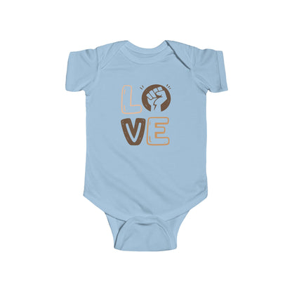 Light blue baby onesie with 'LOVE' and a fist graphic on a white background