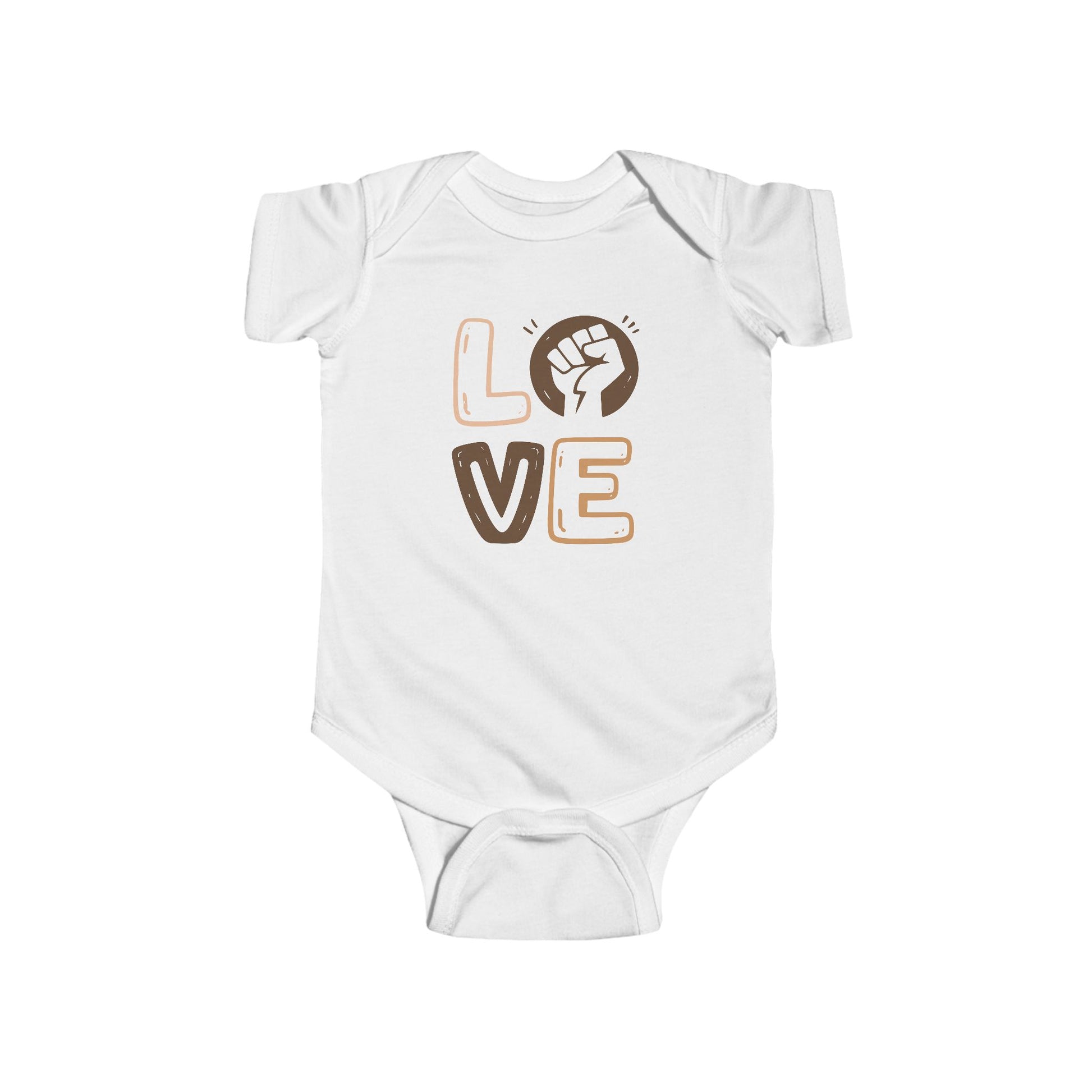 White baby onesie with 'LOVE' and a fist graphic on a white background